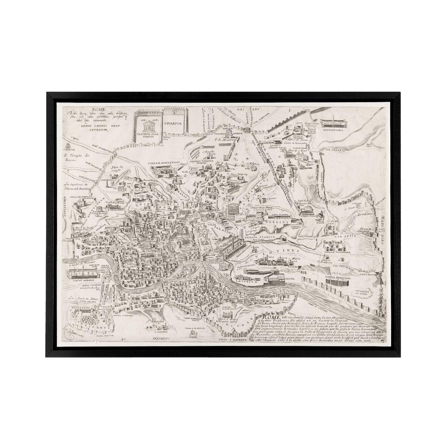 Map Ligorio Ancient Rome Plan Black Framed Canvas Wall Art Print
