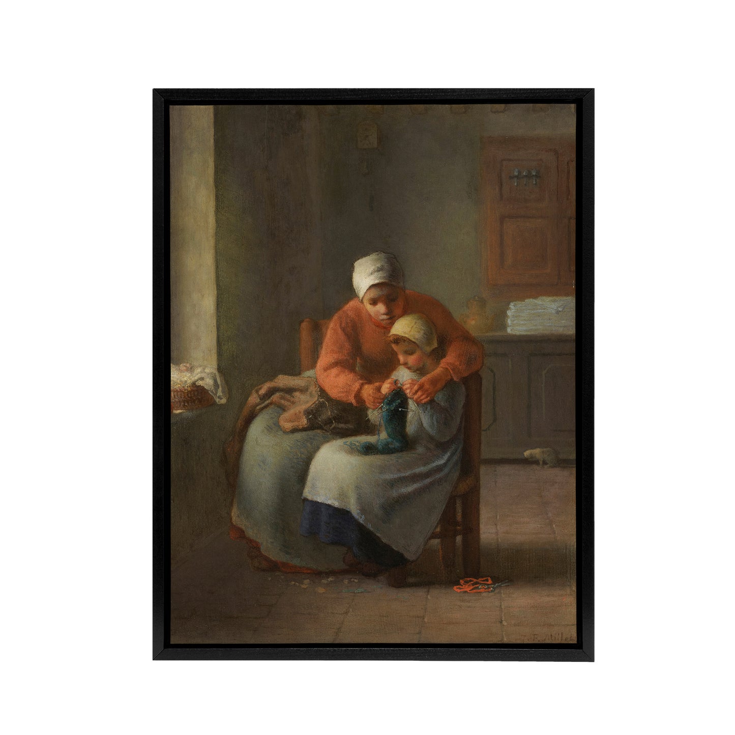 Jean Francois Millet The Knitting Black Framed Canvas Wall Art Print