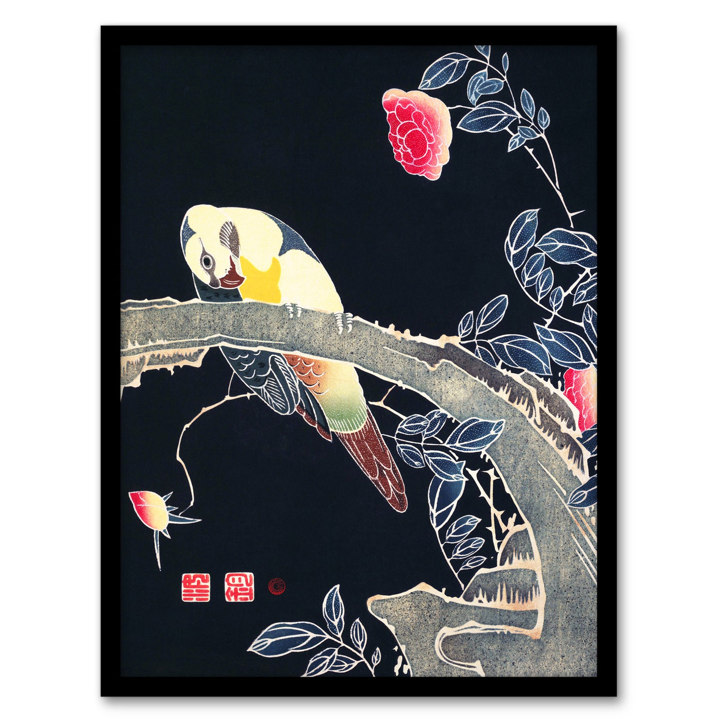 Ito Jakuchu Framed Wall Art Print Parrot on Rose Flower Bush Japanese Home Décor