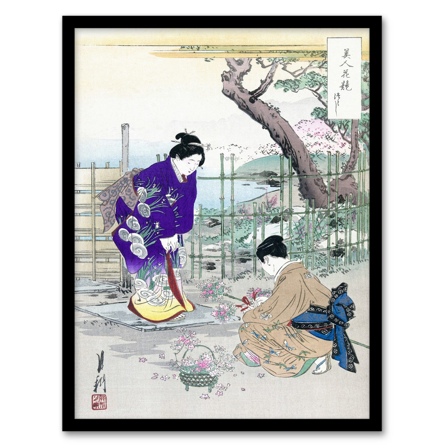 Ogata Gekko Framed Wall Art Print Flower Arranging In The Garden Home Décor