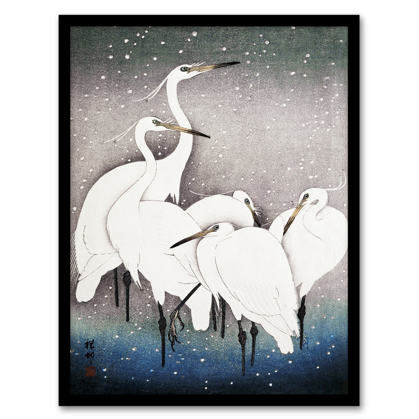 Ohara Koson Framed Wall Art Print Group Of Egrets in Falling Snow Home Décor