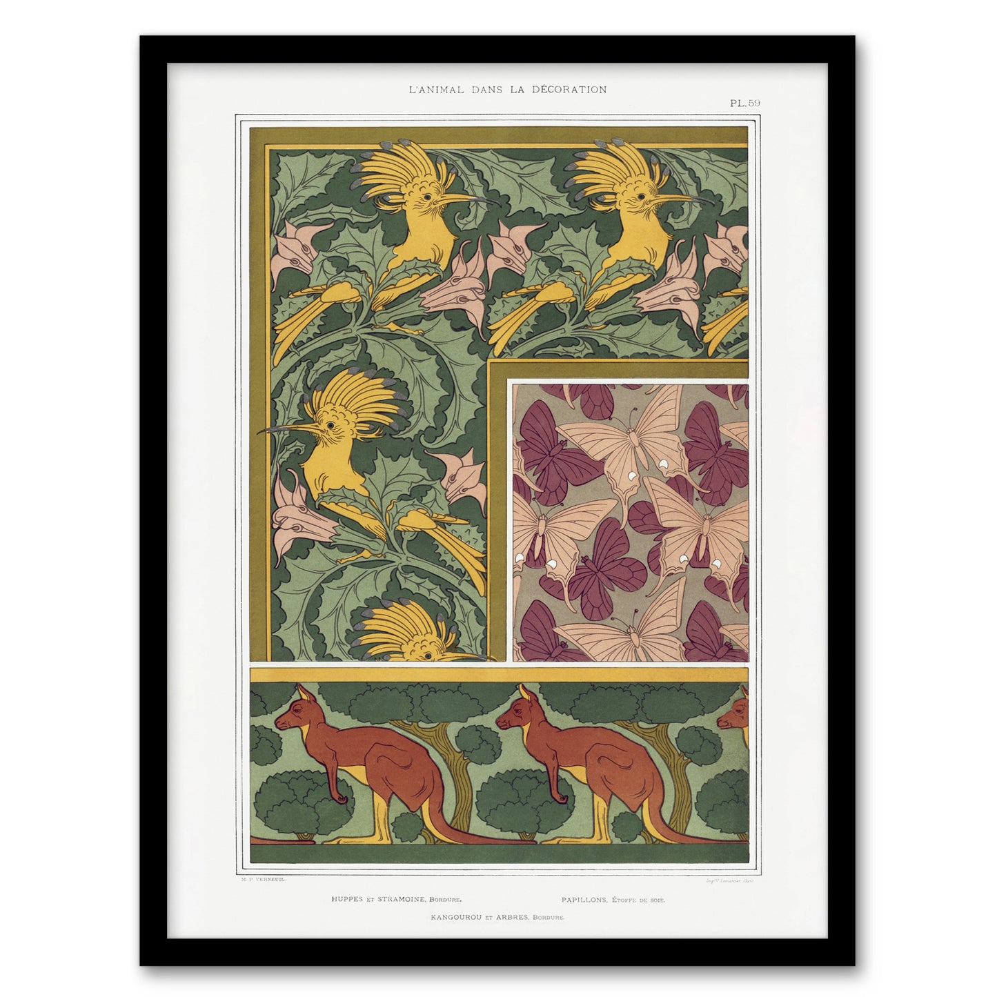 Maurice Pillard Verneuil Framed Art Hoopoe Birds Butterflies Kangaroo Patterns
