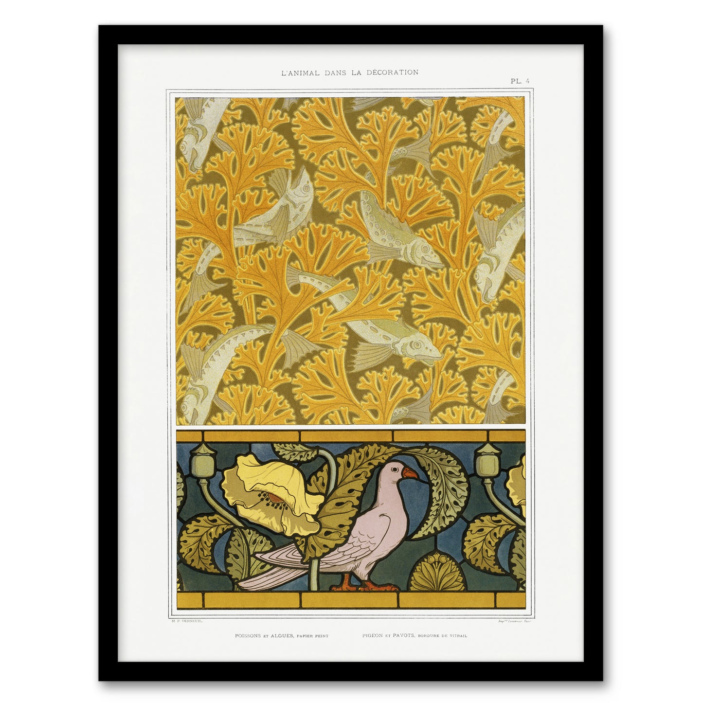 Maurice Pillard Verneuil Framed Wall Art Poppy Pigeon and Coral Fish Patterns