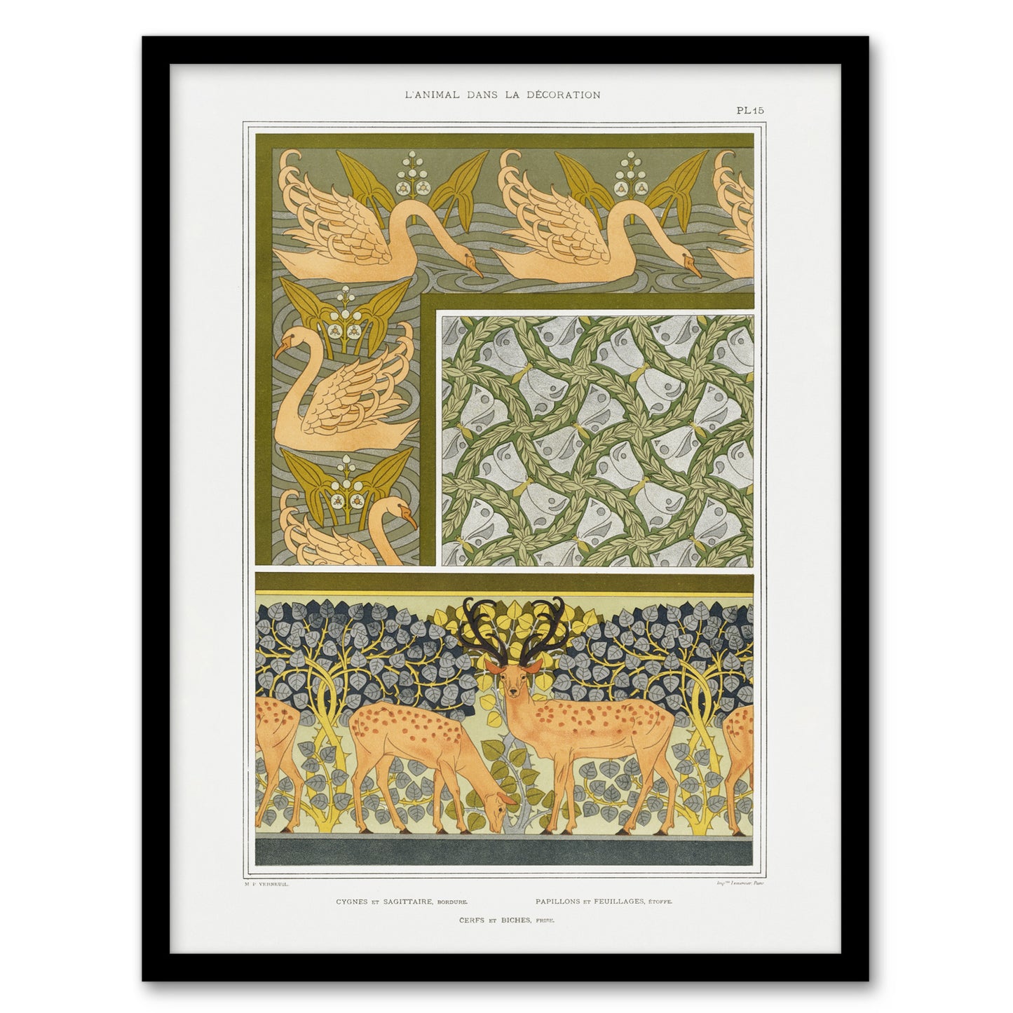Maurice Pillard Verneuil Framed Wall Art Swans Butterflies and Deer Patterns