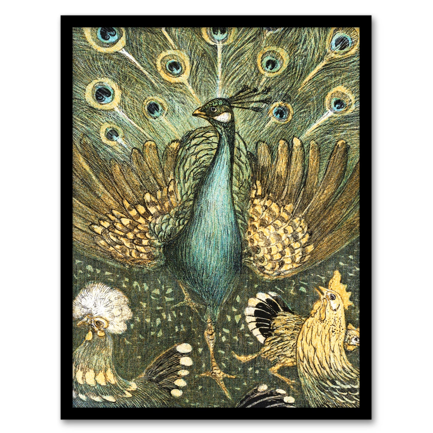 Theo van Hoytema Framed Wall Art Print Peacock with Hens Painting Home Décor