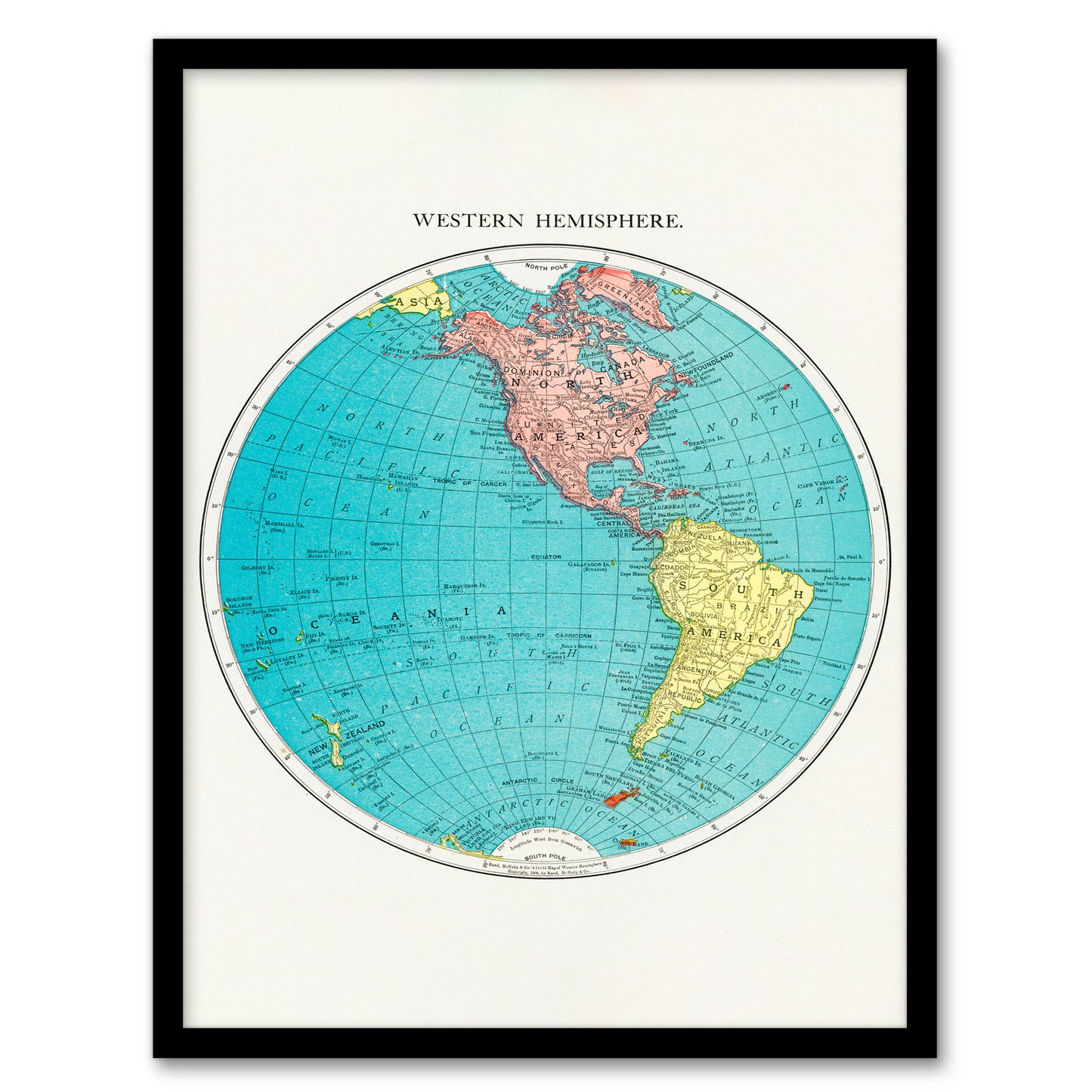 Rand McNally and Co Framed Wall Art Print Western Hemisphere 1908 Map Home Décor