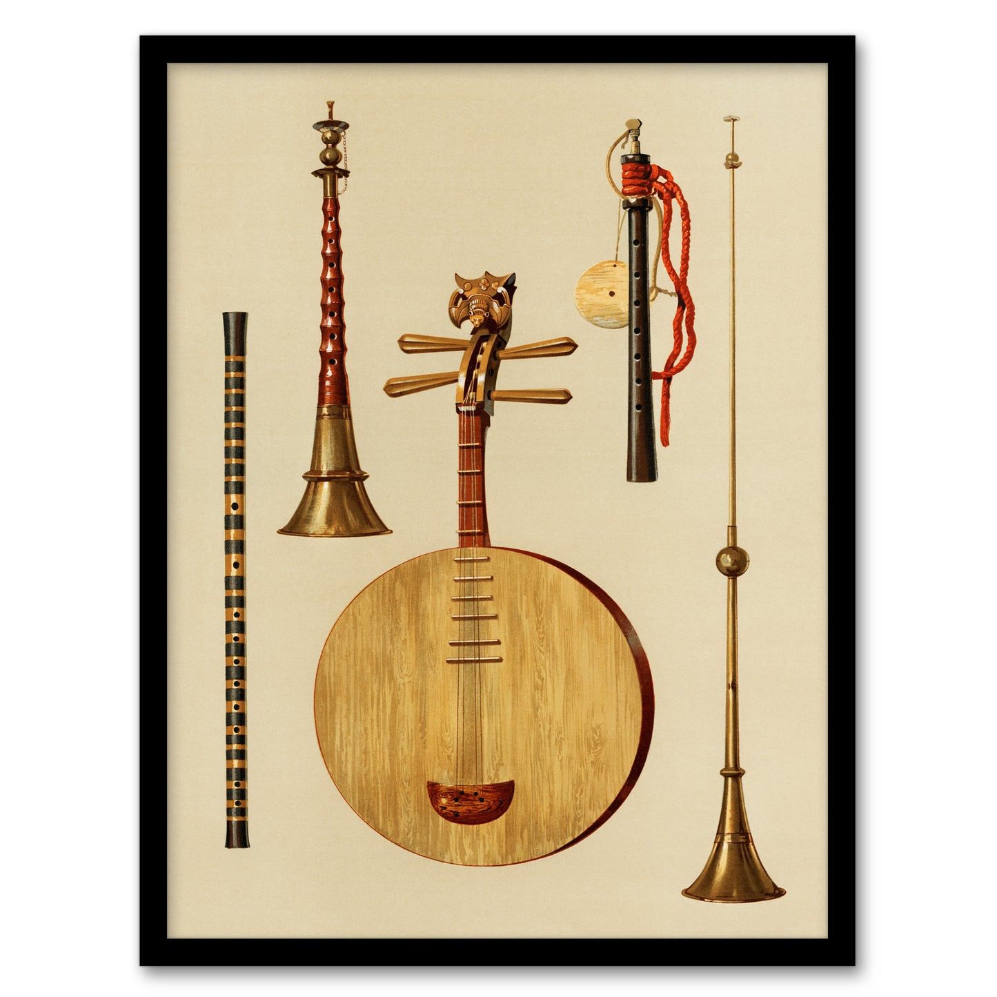 William Gibb Framed Wall Art Traditional Japanese Musical Instruments Home Décor