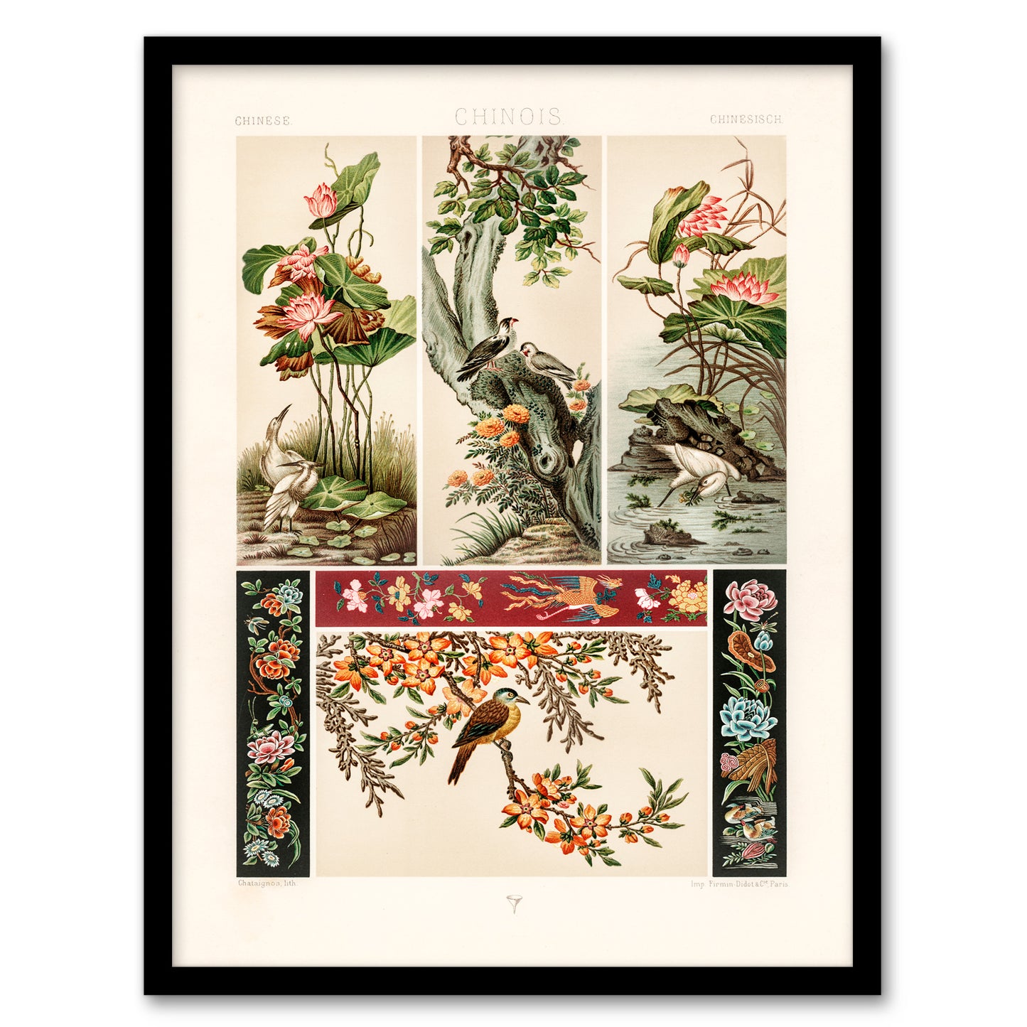 Albert Racinet Framed Wall Art Chinese Patterns of Birds and Flowers Home Décor