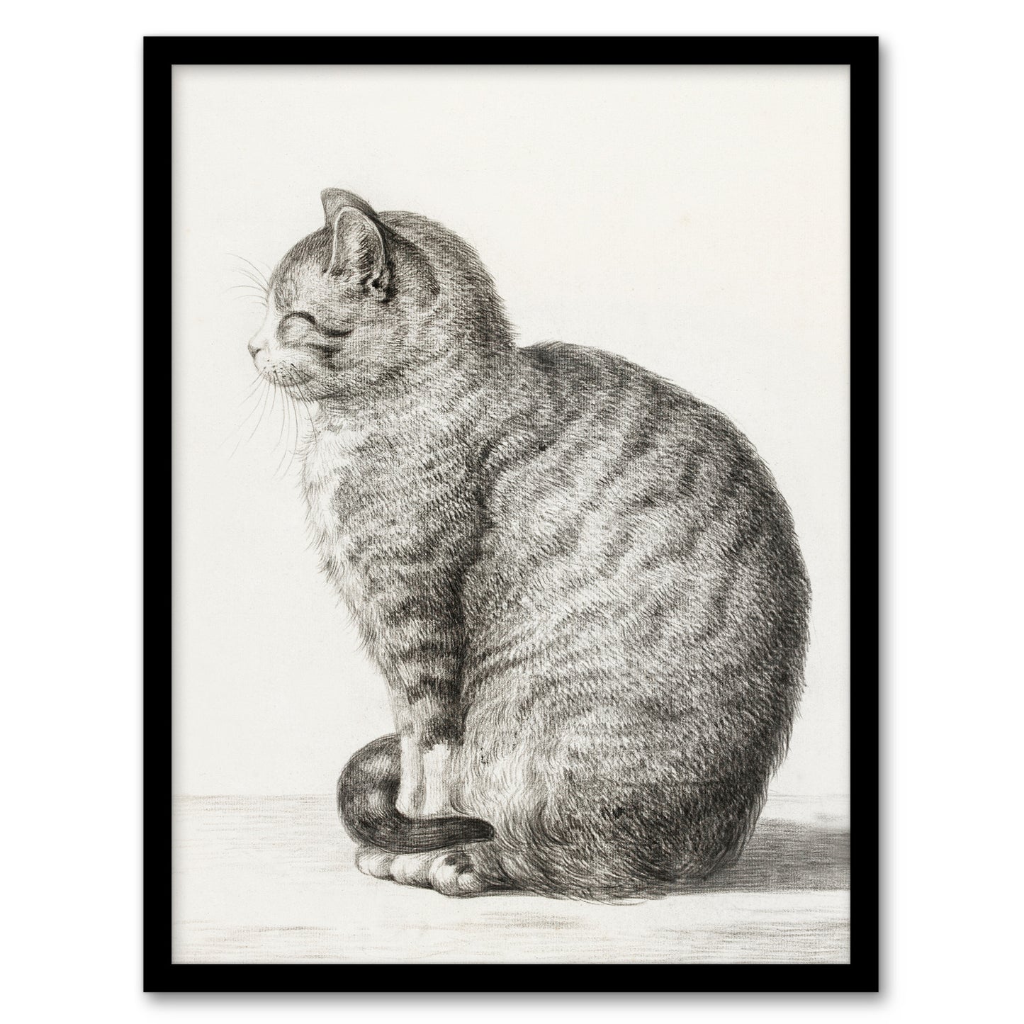 Jean Bernard Framed Wall Art Print Sitting Smiling Cat Pencil Drawing Home Décor