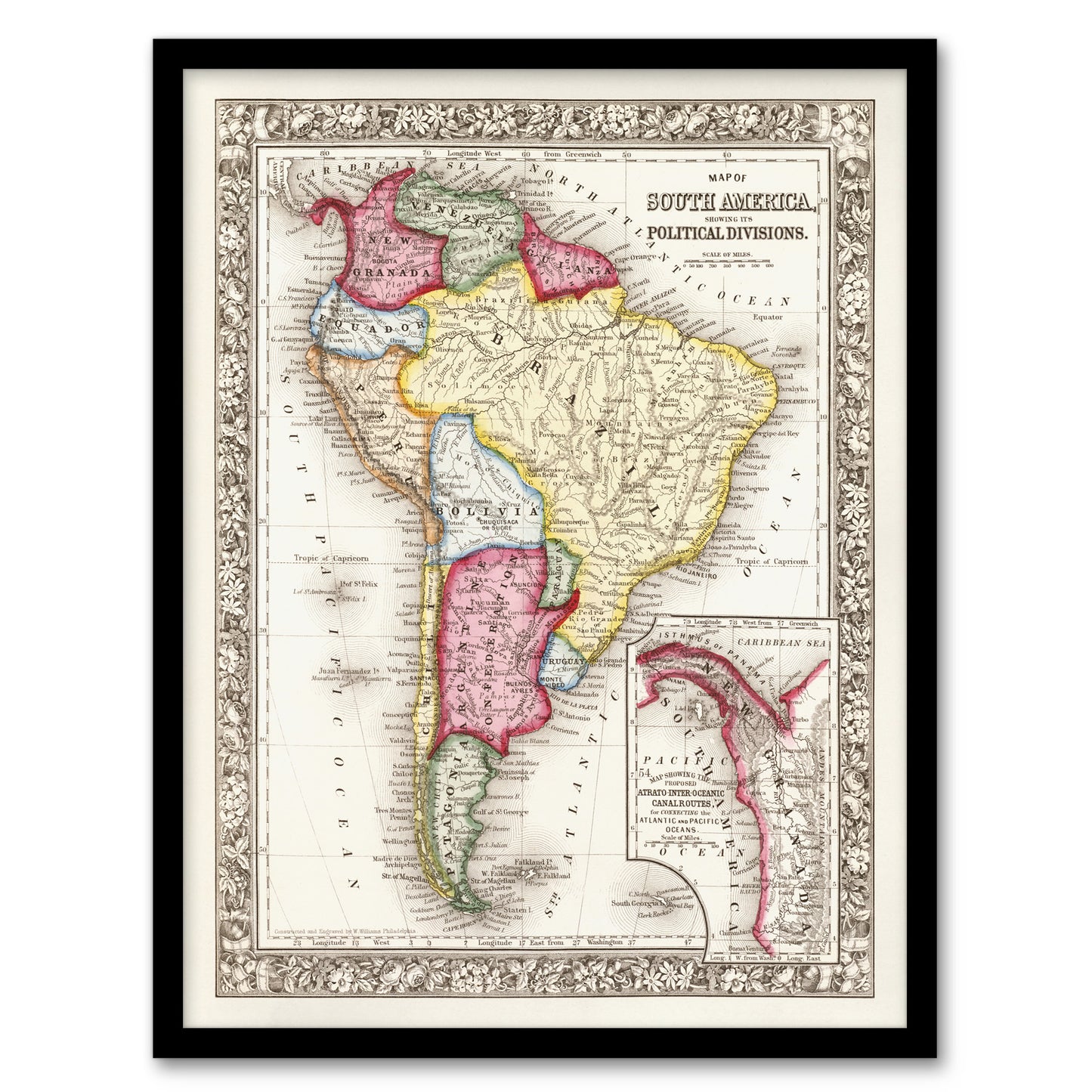Samuel Mitchell South America Political Divisions Map Framed Wall Art Print