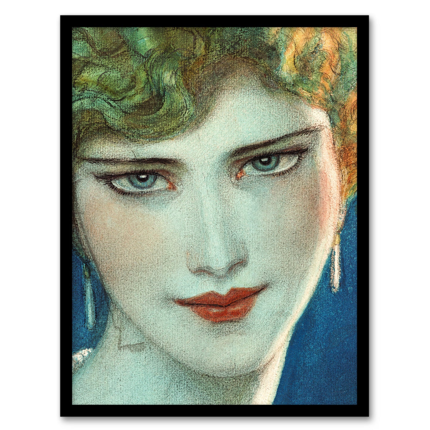 W T Benda Face of Blonde Girl with Earrings Painting Framed Wall Art Print
