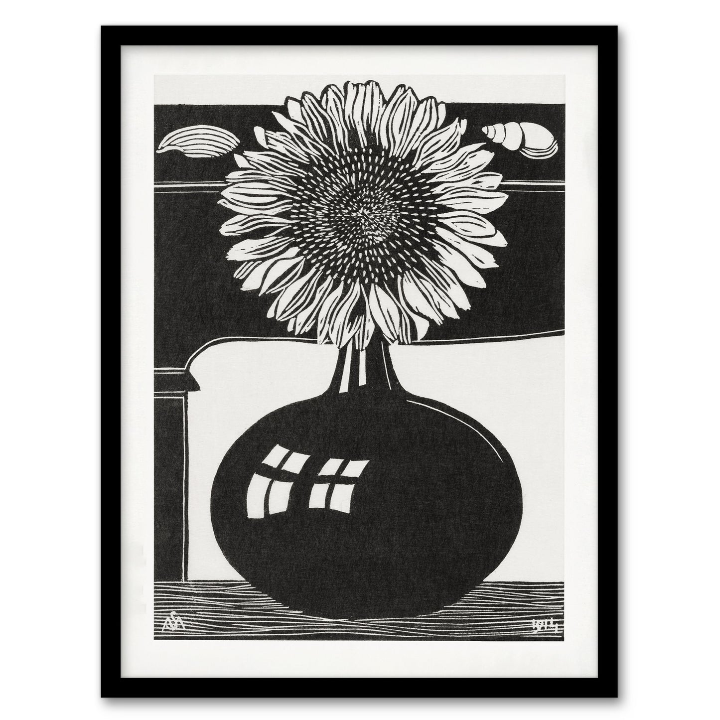 Samuel J De Mesquita Framed Wall Art Stylised Sunflower in a Vase Home Décor