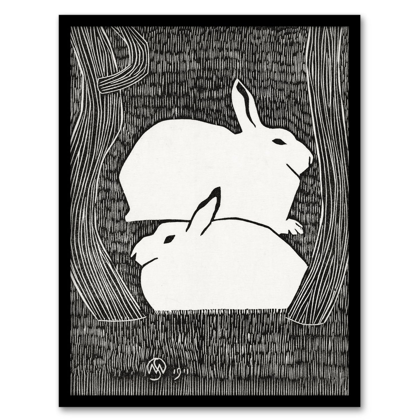 Samuel J De Mesquita Framed Wall Art Print Two Stylised Snow Hares Home Décor