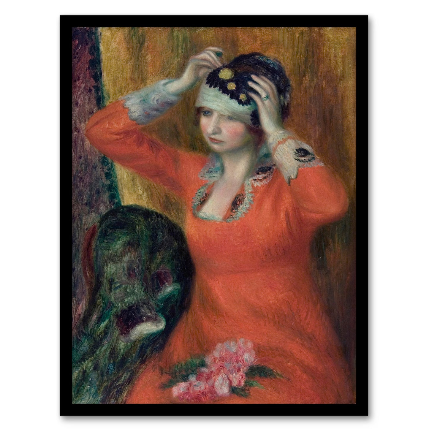 William James Glackens Framed Wall Art Girl in Red Dress Pinning on Hat