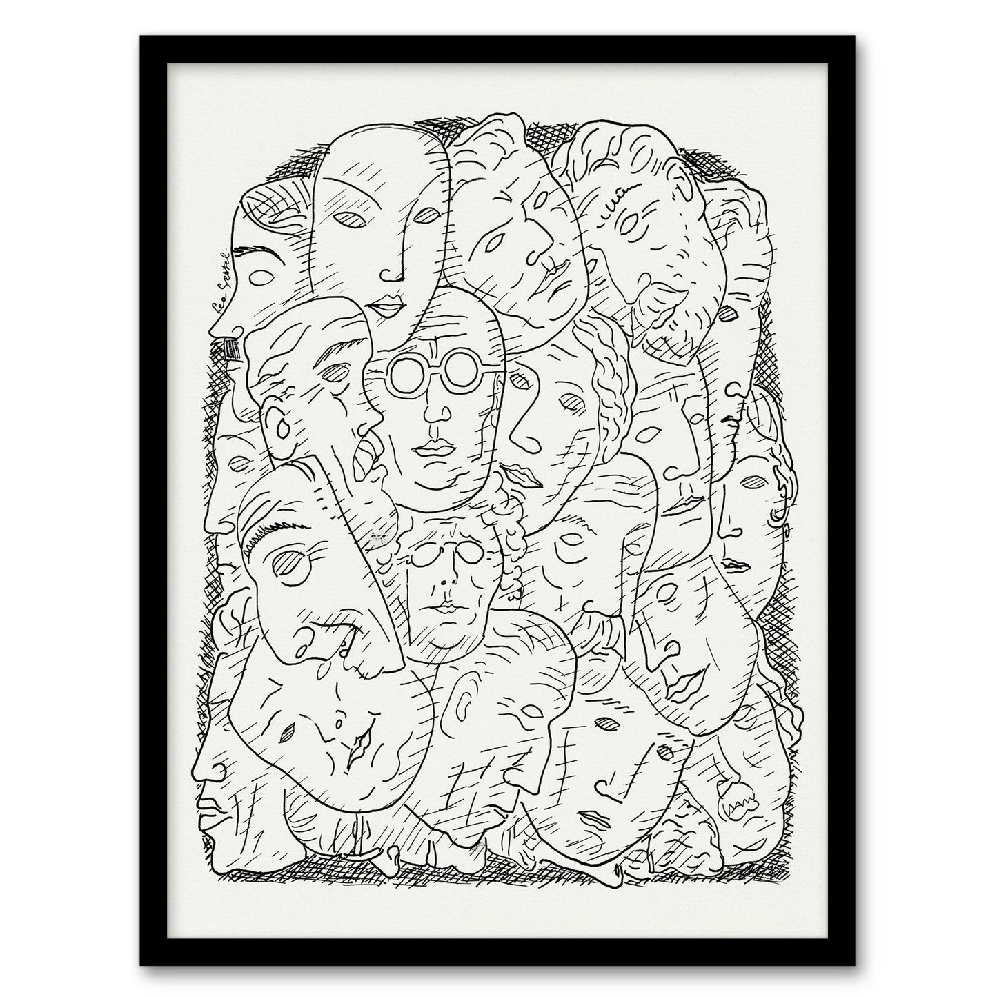 Maskers Masks Black And White Drawing Gestel Framed Wall Art Print