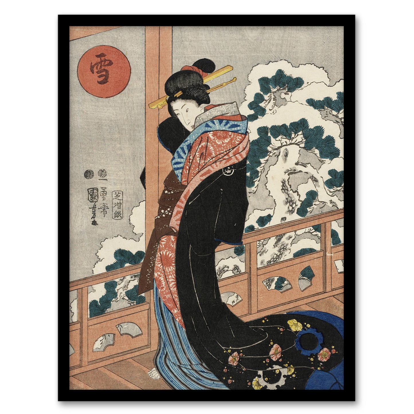 Beauty on Veranda Vintage Japan Ukiyo E Kuniyoshi Framed Wall Art Print