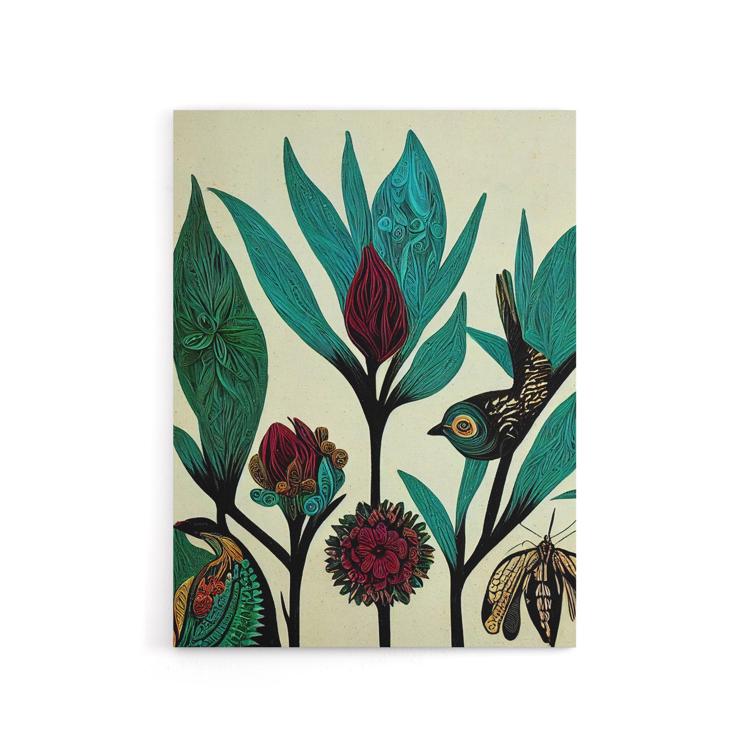 Folk Art Flowers Birds Canvas Wall Art Print