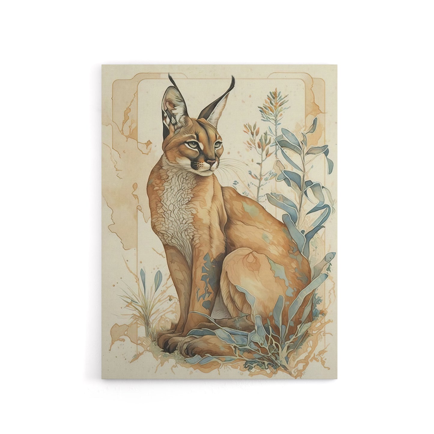 Caracal Cat With Plants Modern Canvas Wall Art Print