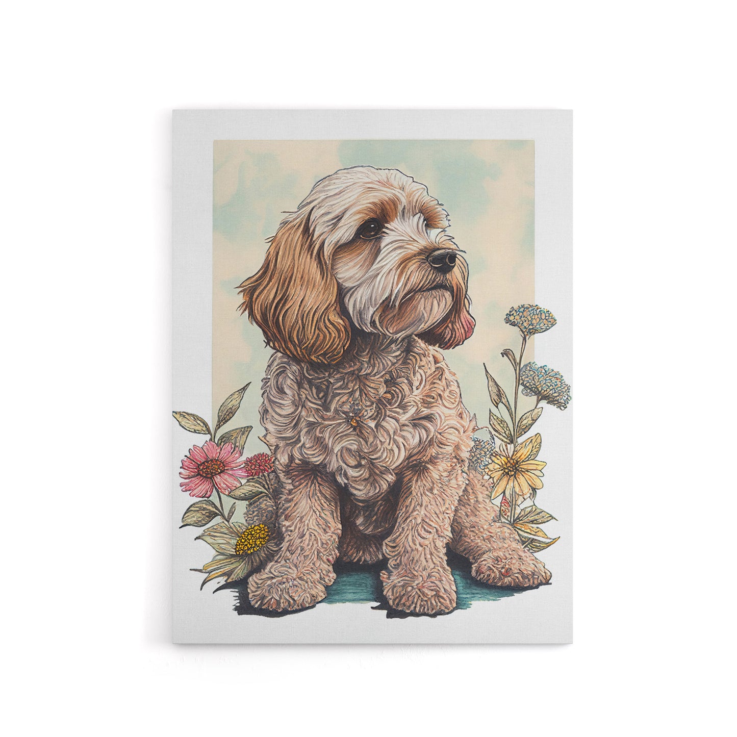 Cockapoo Dog With Spring Wildflowers Canvas Wall Art Print
