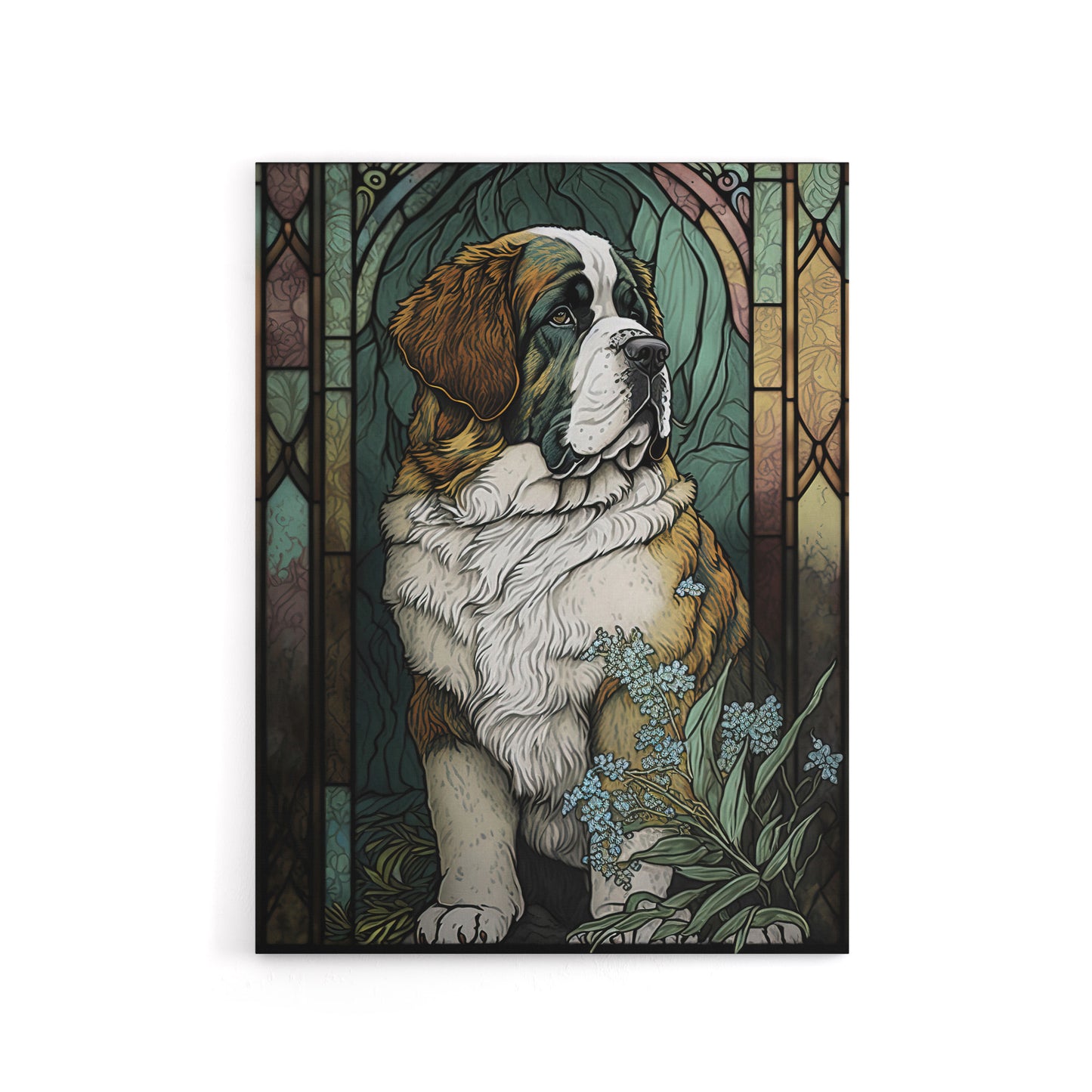 St Bernard Dog Floral Modern Art Nouveau Canvas Wall Art Print