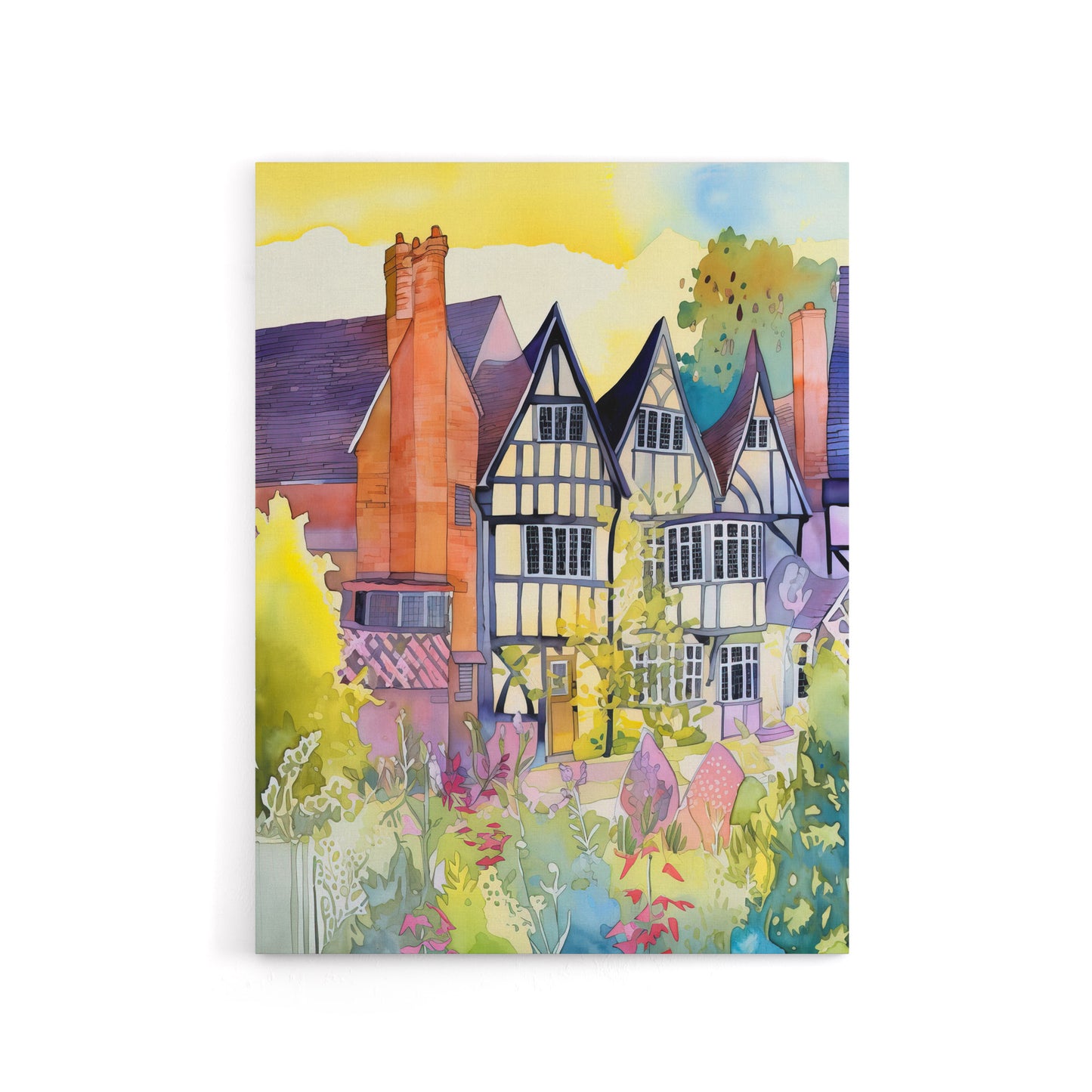 Sunrise Over Tudor Houses Floral Canvas Wall Art Print