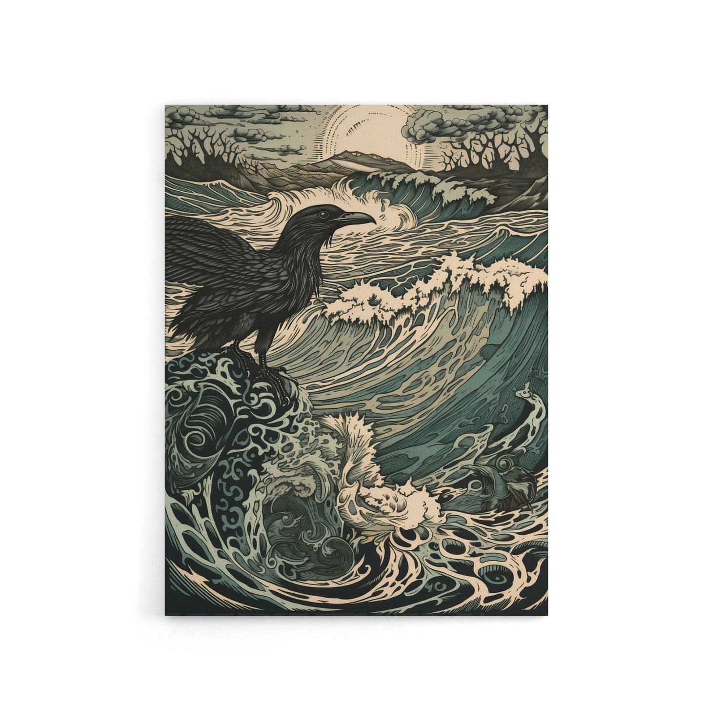 Raven And Crashing Waves Seascape Canvas Wall Art Print