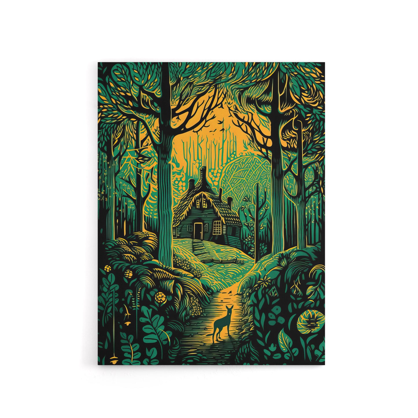 Cabin Hut In A Forest At Sunrise Canvas Wall Art Print