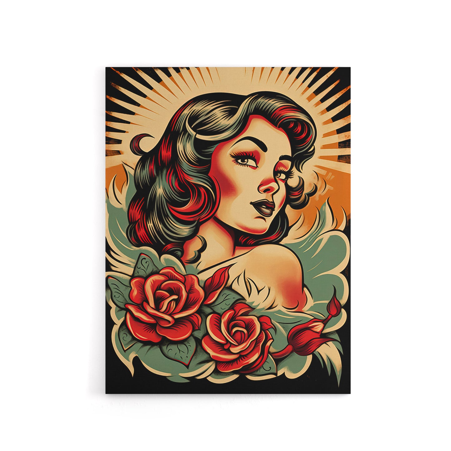 Rockabilly Pin Up Girl and Roses Tattoo Style Canvas Wall Art Print