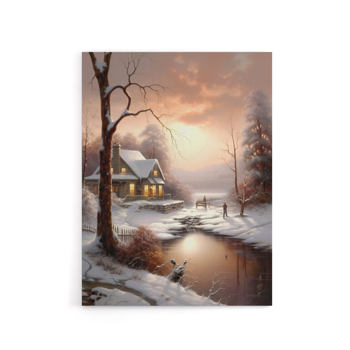 Winter Cottage Snowy Landscape at Sunset Canvas Wall Art Print