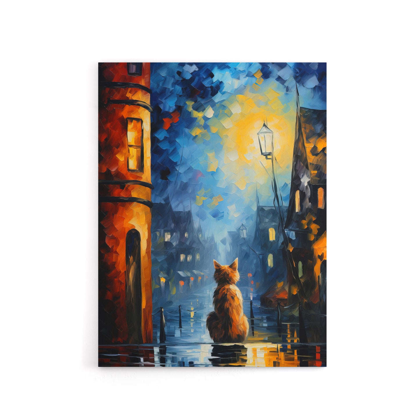 Ginger Cat Under Street Lamp at Night Canvas Wall Art Print