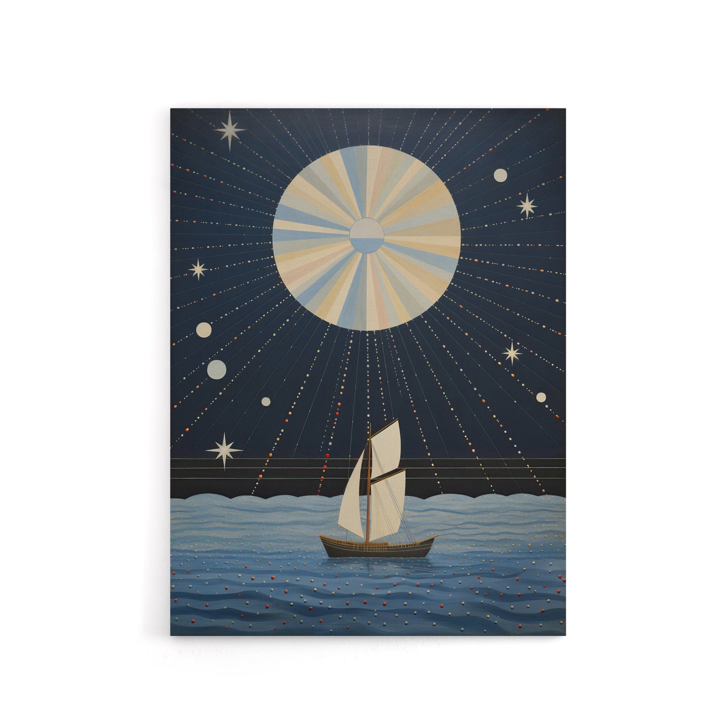 Boat Sailing Under Full Moon Canvas Abstract Wall Art