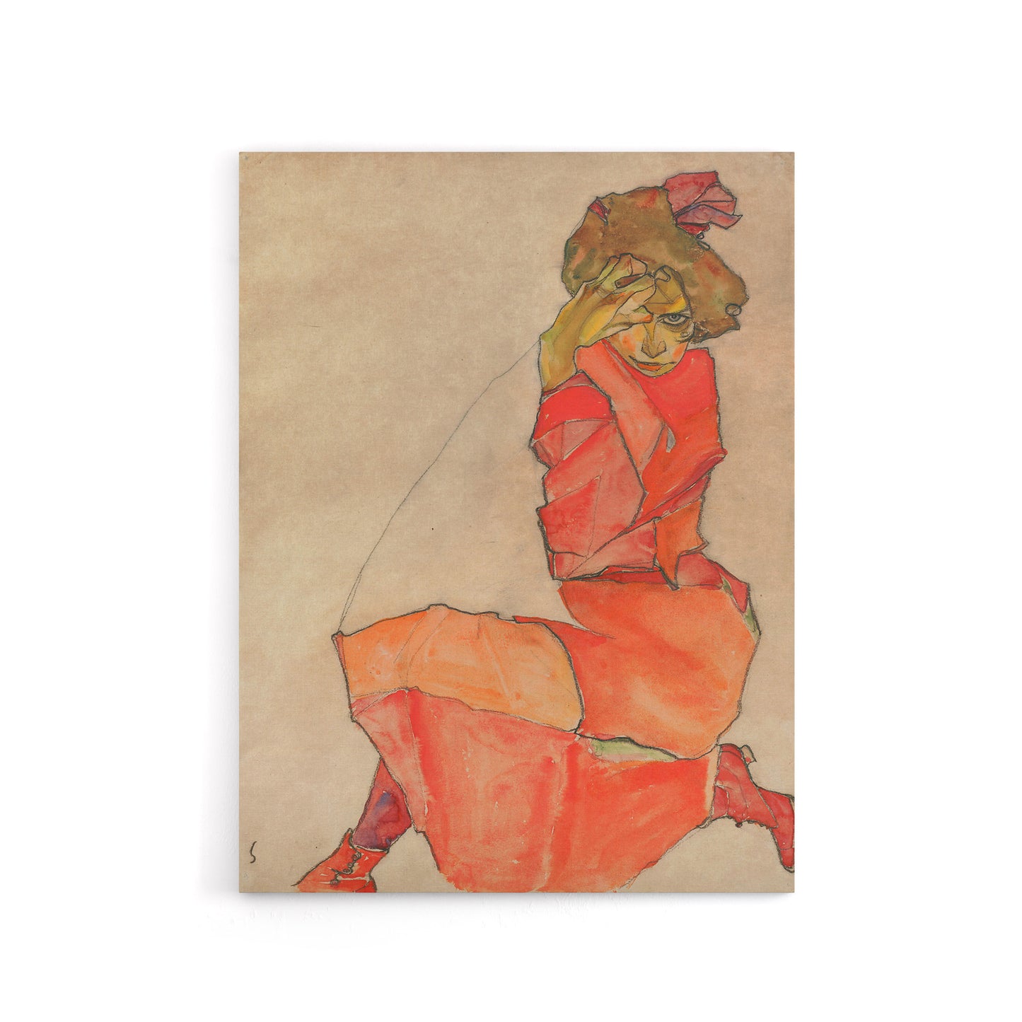 Egon Schiele Kneeling Female In Dress Canvas Wall Art Print