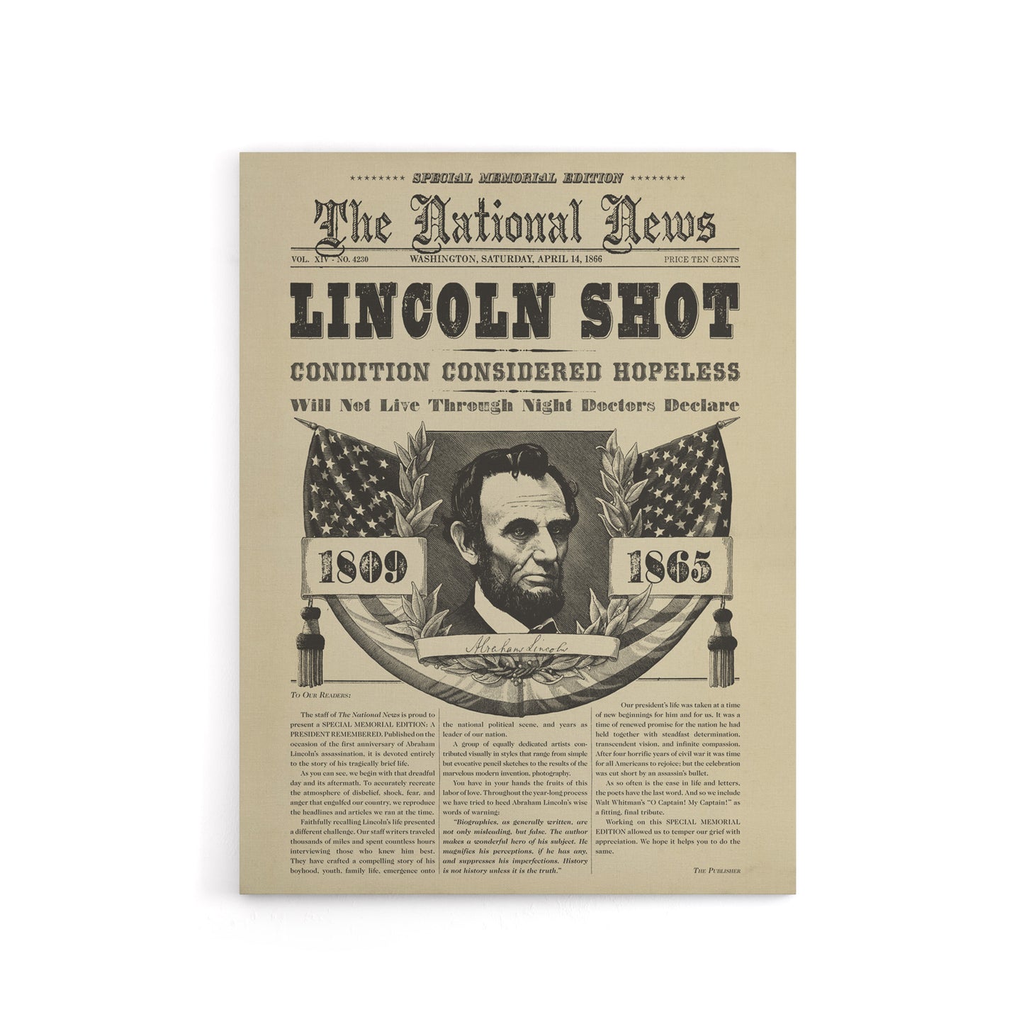 Abraham Lincoln Shot Newspaper Front Page Canvas Wall Art Print