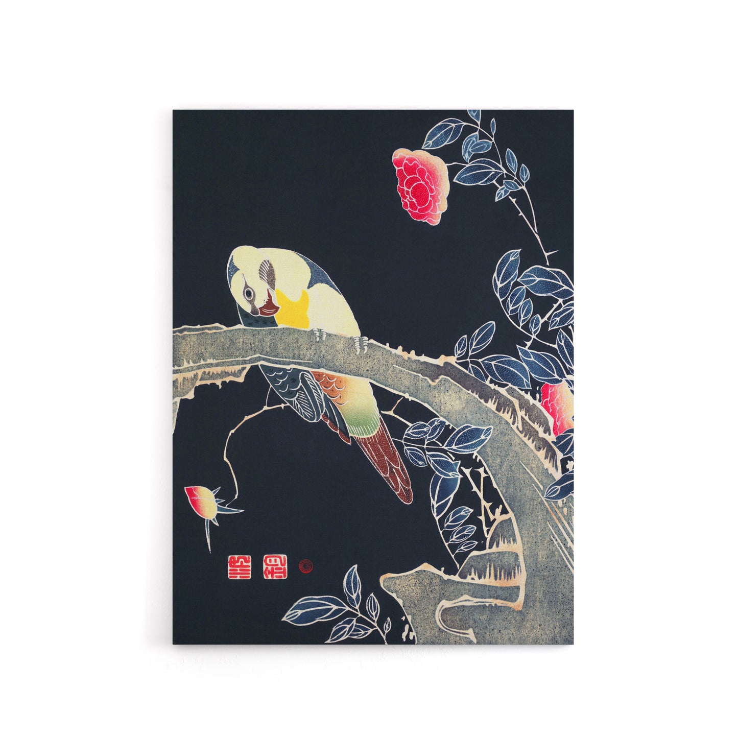 Parrot on Rose Flower Bush Japanese Canvas Wall Art Print Jakuchu