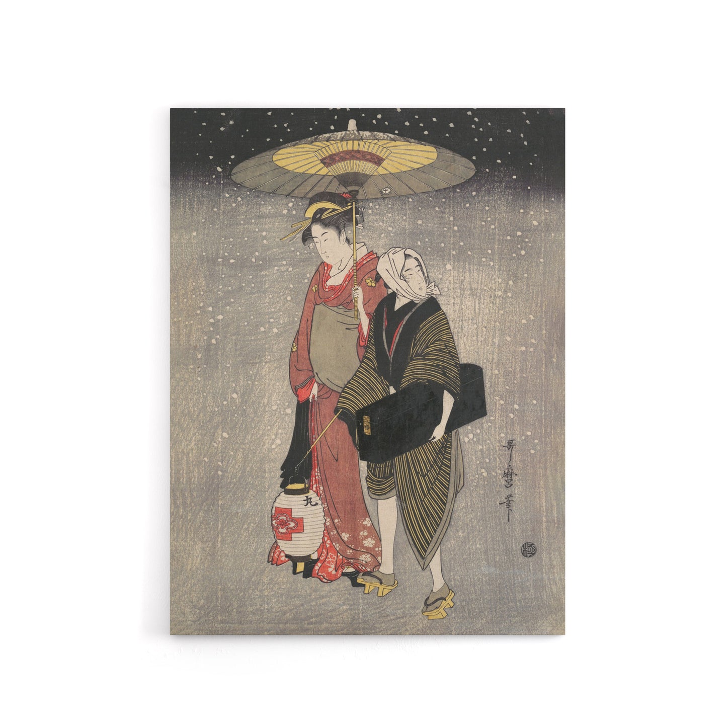Geisha Walking Snow At Night Canvas Wall Art Print Kitagawa