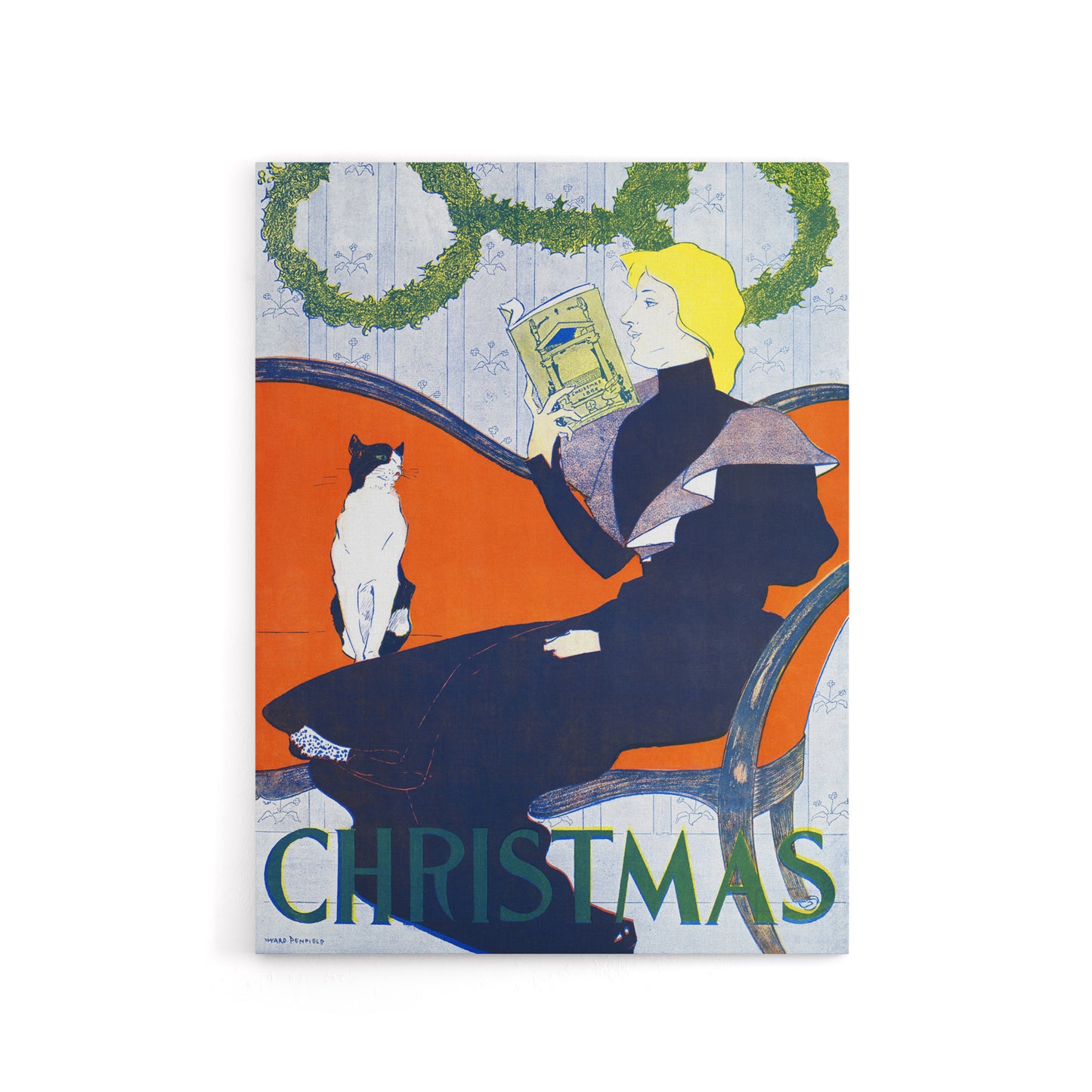 Vintage Christmas Woman With Cat Canvas Wall Art Print E Penfield