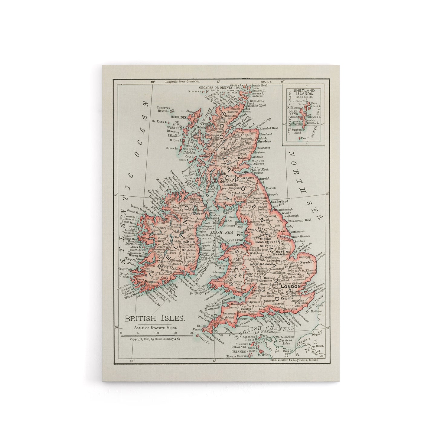 1900 British Isles Map Rand Mcnally Vintage Canvas Wall Art