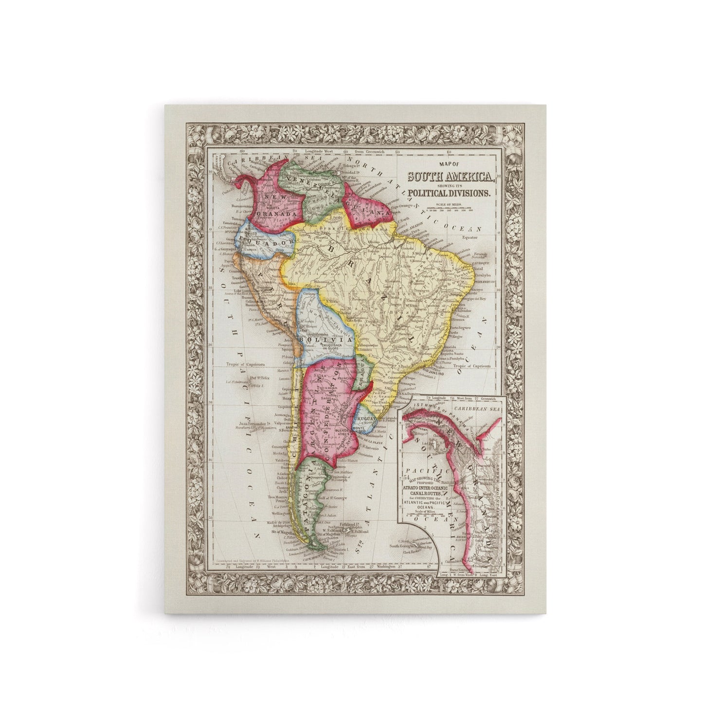 South America Political Divisions Map Mitchell Canvas Wall Art Print