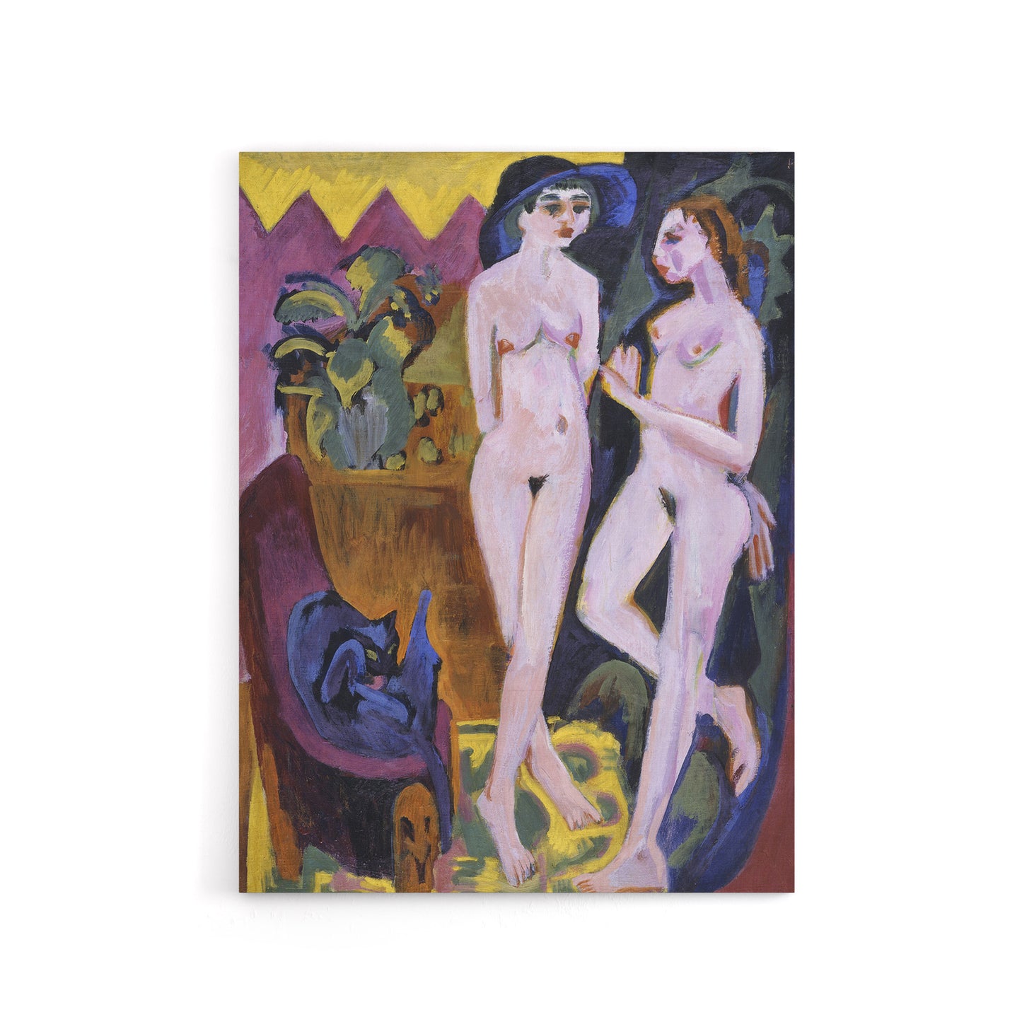 Cat and Two Nudes in a Room Kirchner Canvas Wall Art Print