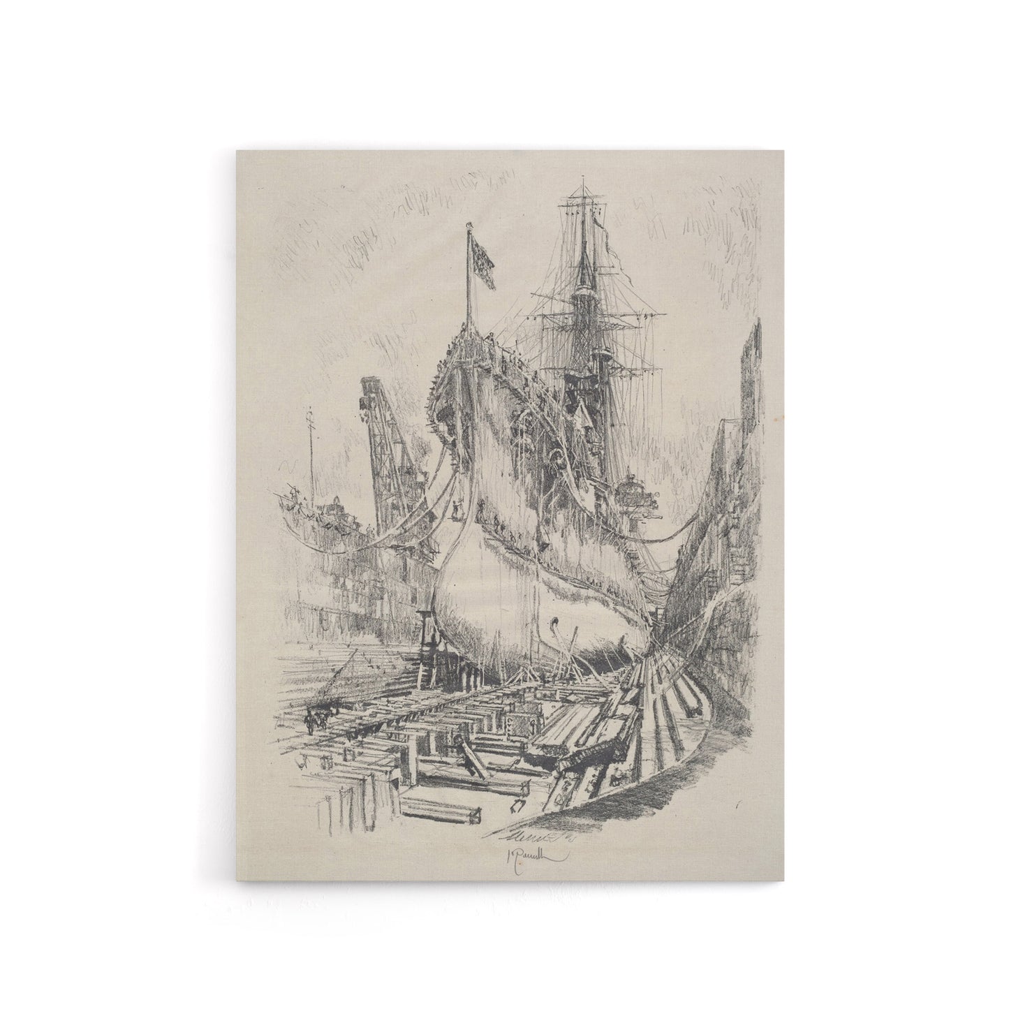 Joseph Pennell Large Warship In the Dry Dock Canvas Wall Art Print