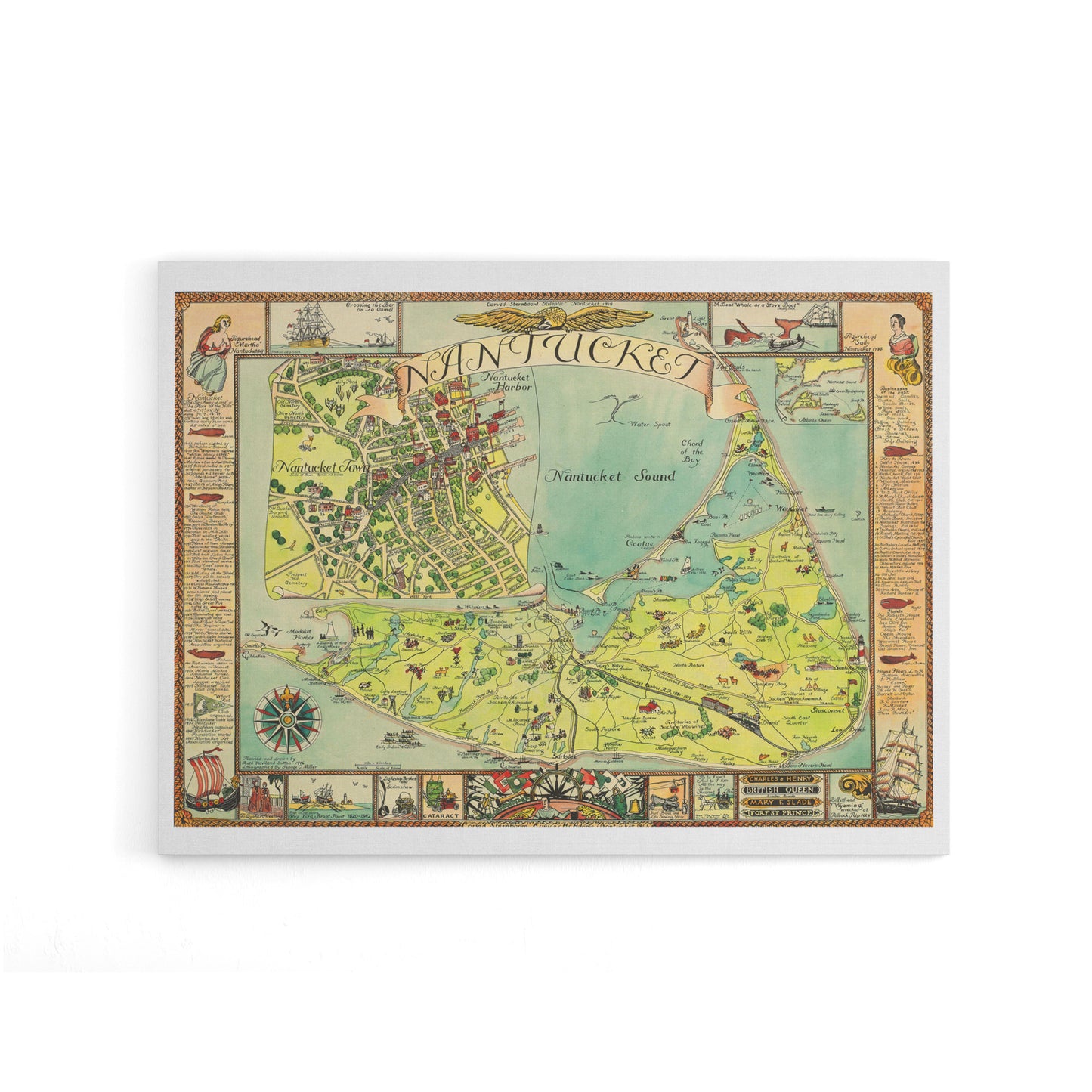 Sutton 1946 Pictorial Map Nantucket Island Canvas Wall Art Print