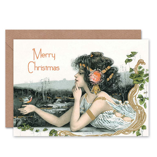 Art Nouveau Girl with Bird Merry Christmas Card
