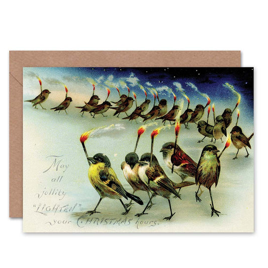 Vintage Xmas Birds Matches Jollity Funny Christmas Card