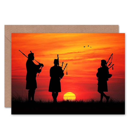 Bagpipes Scottish Silhouette Sunset Art Greeting Card