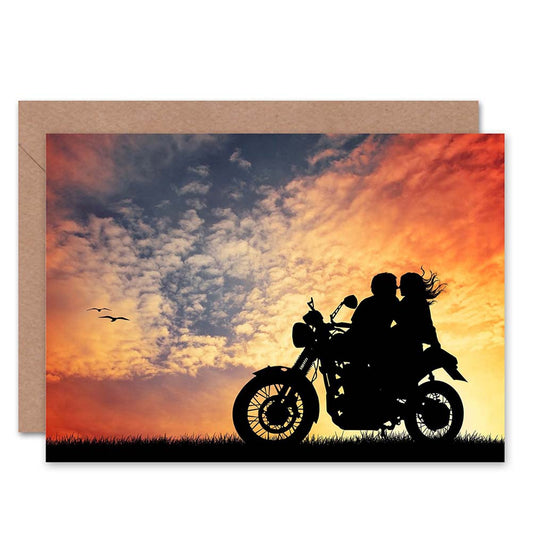 Couple On Motorbike Romantic Sunset Silhouette Greeting Card
