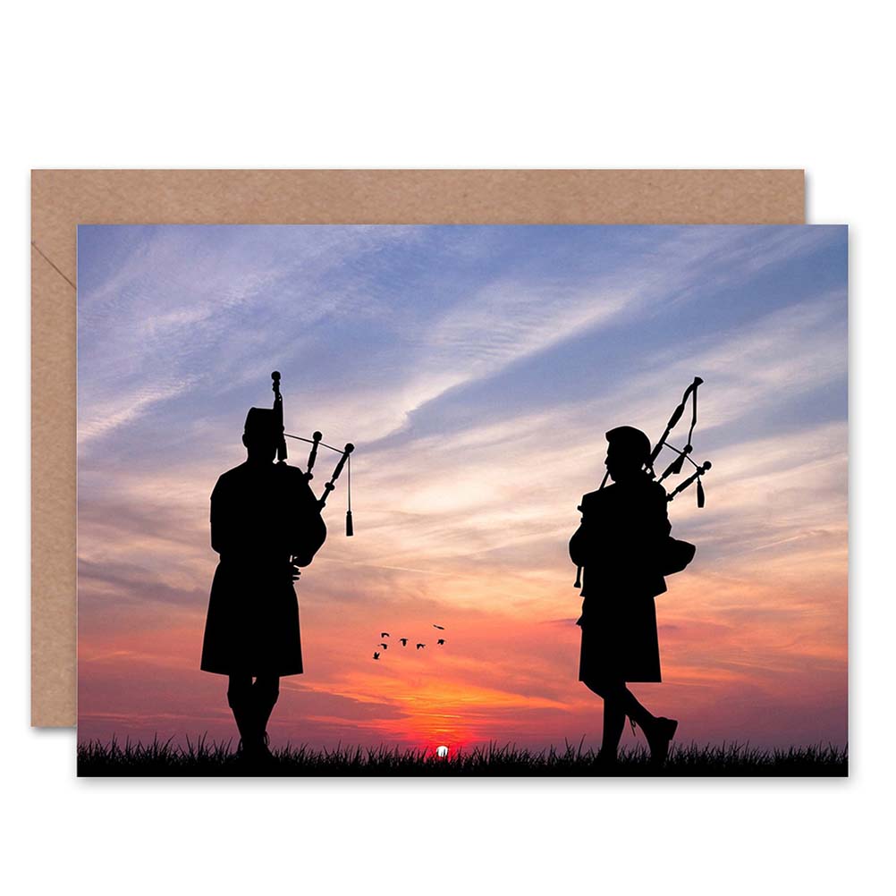 Scottish Bagpipes Silhouette Sunset Art Greeting Card