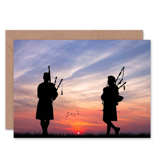 Scottish Bagpipes Silhouette Sunset Art Greeting Card