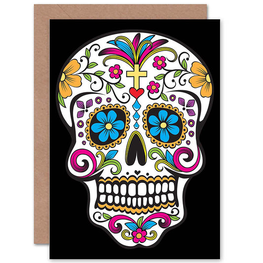 Sugar Skull on Black Day Of The Dead Halloween Card