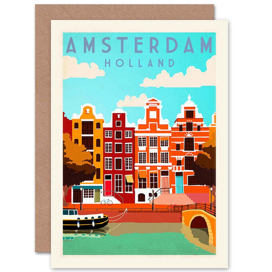 Holland Amsterdam Canal Barge Colourful Greeting Card