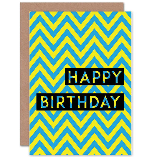 Zig Zag Stripes Retro Blue Yellow Birthday Card